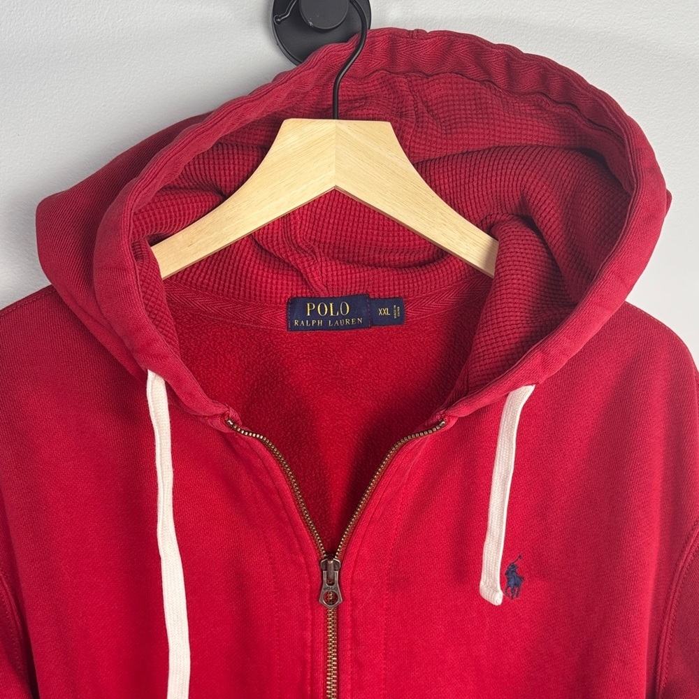 Vintage Polo Ralph Lauren Thermal Full Zip Hoodie Mens Waffle Knit Red 90s XXL - Picture 2 of 9
